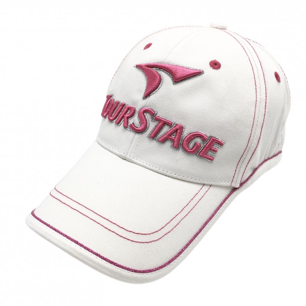【美品】ツアーステージ キャップ 白×ピンク ロゴ刺しゅう フリーサイズ(約55-58cm)  ゴルフウェア TOURSTAGE