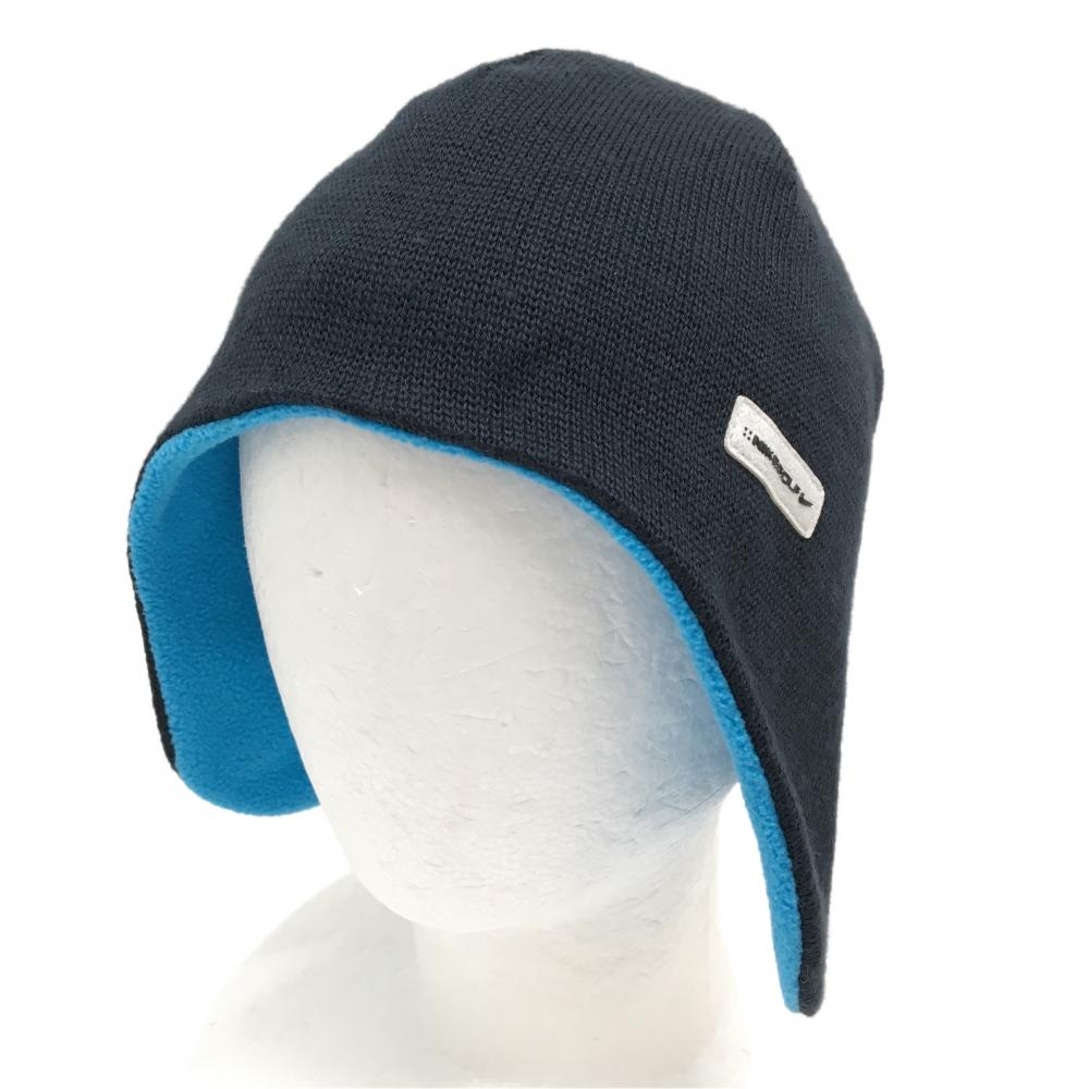 【美品】ナイキ リバーシブルニット帽 ネイビー×ブルー シンプル 裏フリース 耳当て  ゴルフウェア NIKE