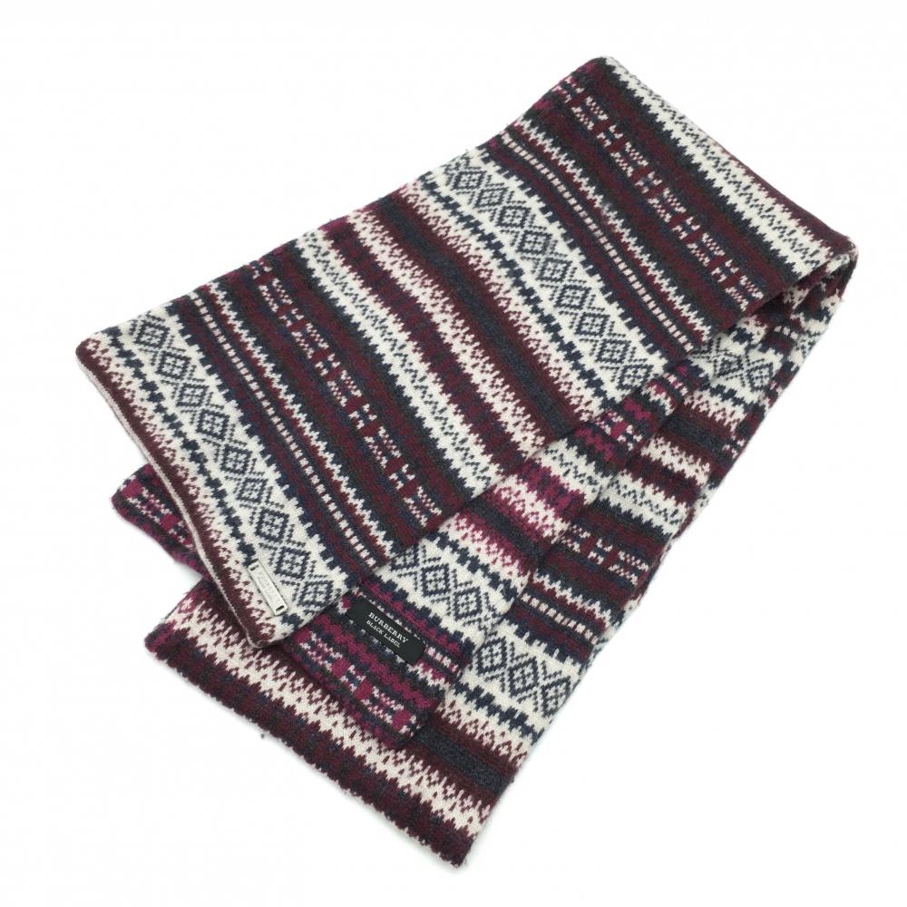 【美品】バーバリーブラックレーベル マフラー グレー×ボルドー×白 総柄 毛羽立ち少  ゴルフウェア BURBERRY GOLF