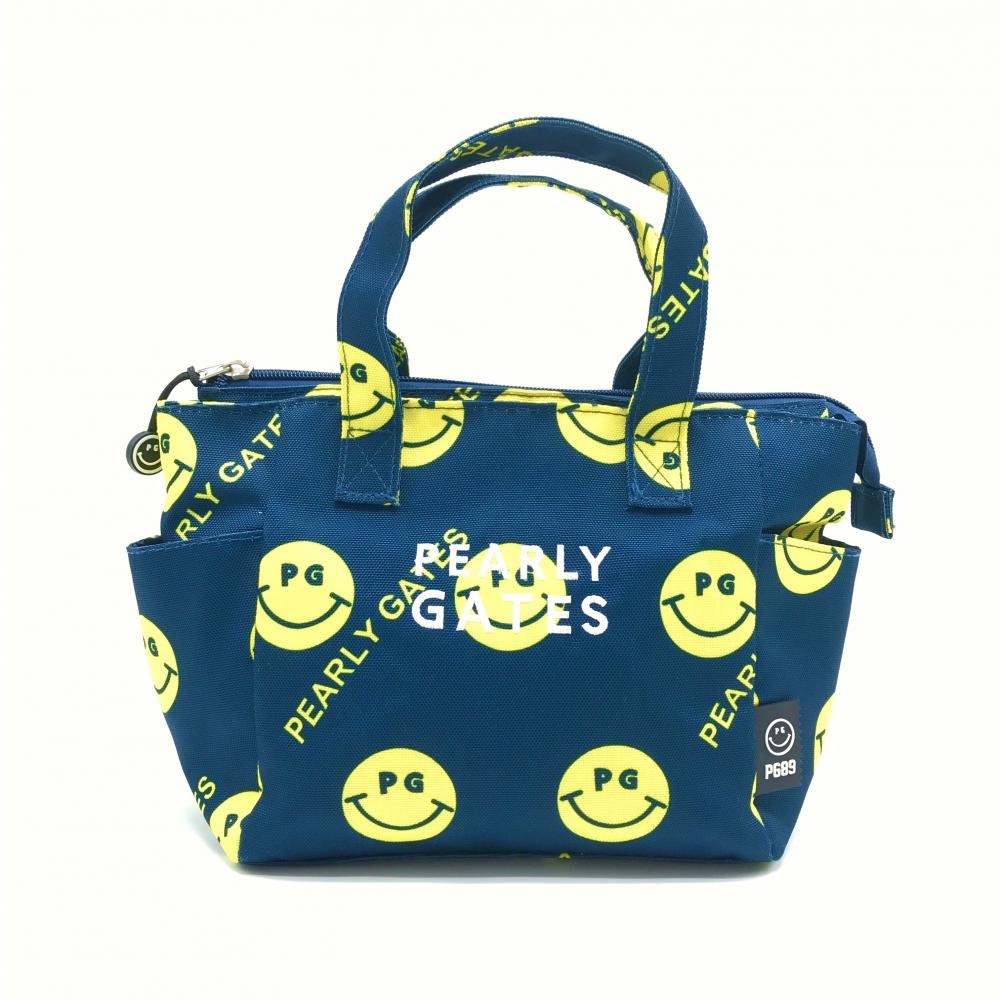 【超美品】パーリーゲイツ カートバッグ ネイビー×イエロー ニコちゃん総柄 スマイル 内外ポケット ゴルフ PEARLY GATES