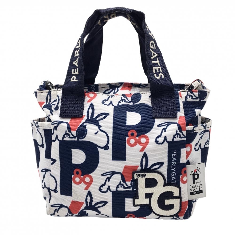 パーリーゲイツ×PEANUTS カートバッグ ネイビー×白×レッド うさ耳スヌーピー総柄 内外ポケットゴルフ PEARLY GATES