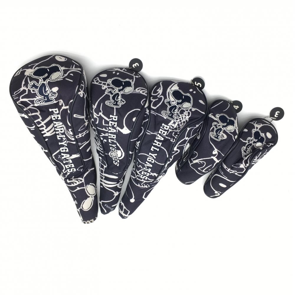 パーリーゲイツ×PEANUTS ヘッドカバー5点セット(DR FW×2 UT×2) ネイビー×白 スヌーピー総柄ゴルフ PEARLY GATES