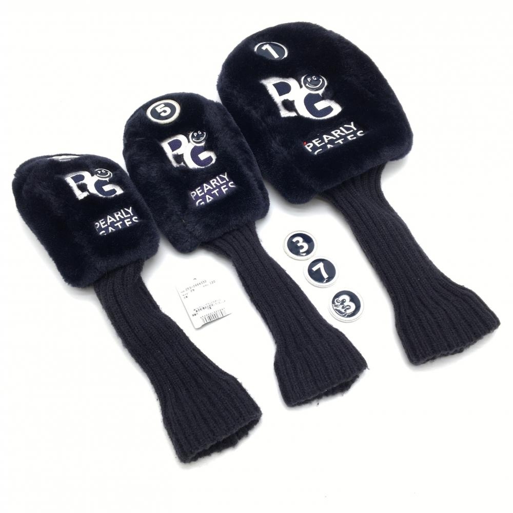 【美品】パーリーゲイツ ボアヘッドカバー3点セット(DR FW UT) ネイビー×白 ニコちゃん スマイル 替え番手付ゴルフ PEARLY GATES