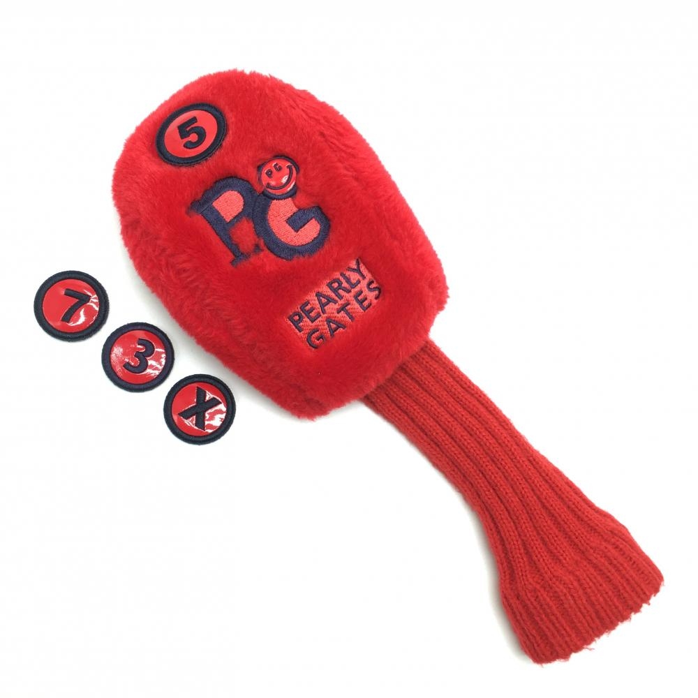 【美品】パーリーゲイツ ボアヘッドカバー(FW) レッド×ネイビー ニコちゃん スマイル フェアウェイウッド 替え番手付ゴルフ PEARLY GATES