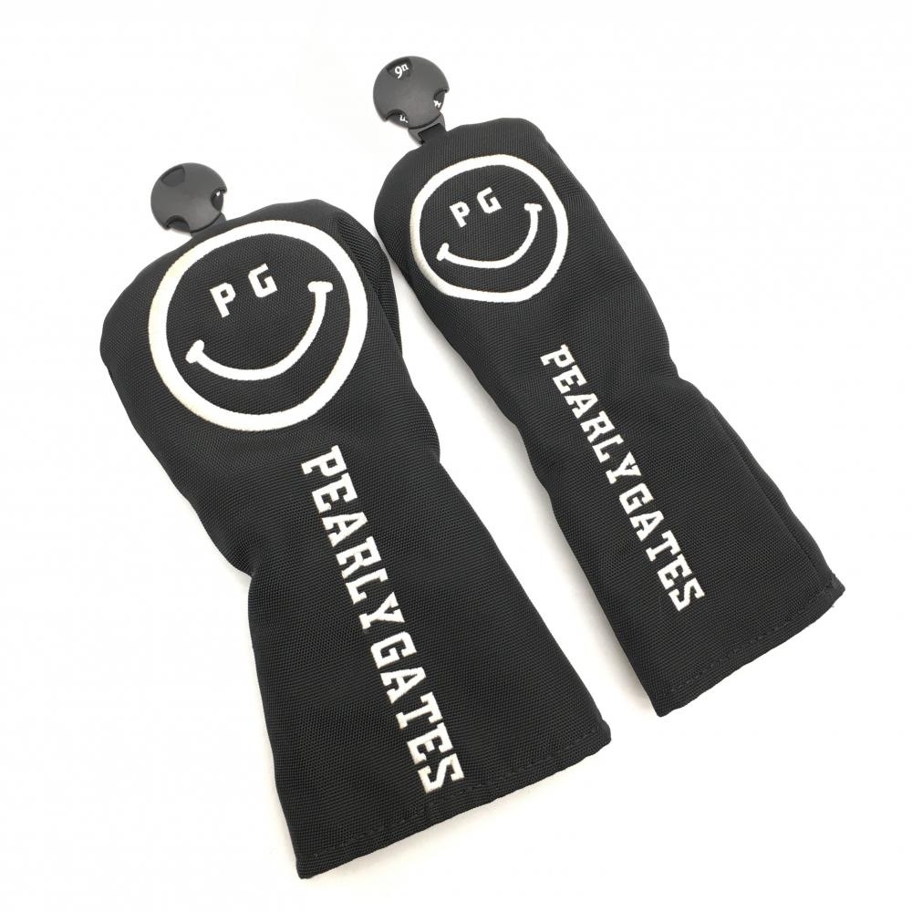 【美品】パーリーゲイツ ヘッドカバー2点セット(FW UT) 黒×白 ニコちゃん スマイル ロゴゴルフ PEARLY GATES