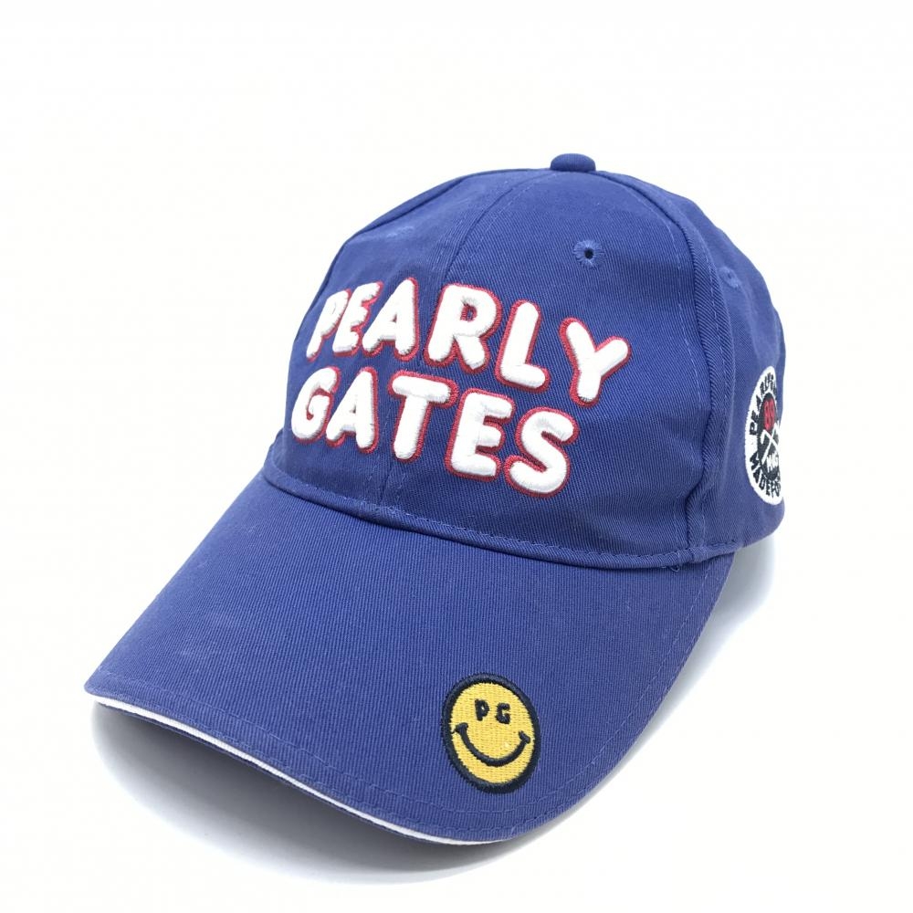 パーリーゲイツ キャップ ブルー×白 ニコちゃん スマイル コットン100％ FR  ゴルフウェア PEARLY GATES