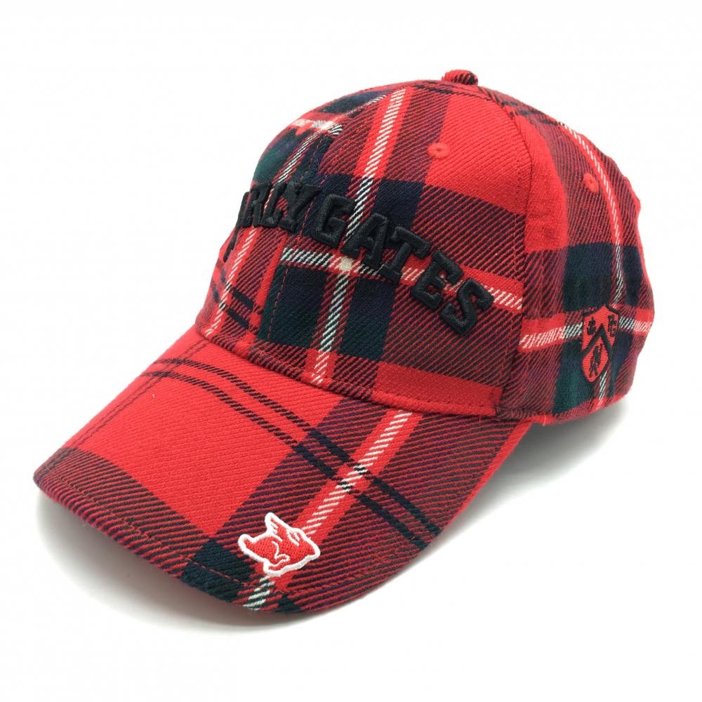 【美品】パーリーゲイツ キャップ レッド×ネイビー チェック 立体ロゴ ウール98％ FR  ゴルフウェア PEARLY GATES