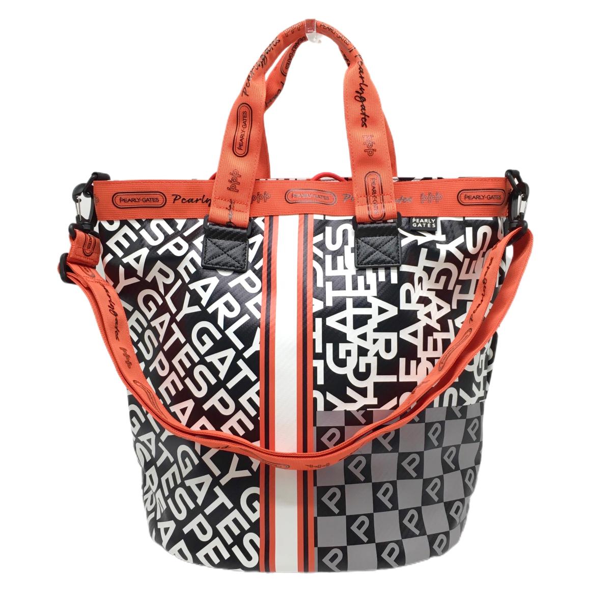 【美品】パーリーゲイツ 2WAYロッカーバッグ 黒×白×オレンジ ロゴ総柄 内側ニコちゃん スマイルゴルフ 2024年モデル PEARLY GATES