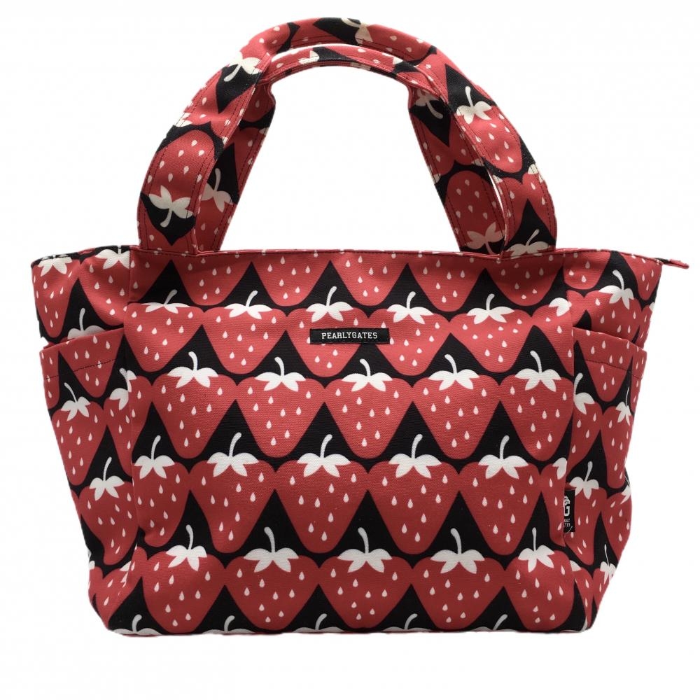 【美品】パーリーゲイツ ロッカーバッグ 黒×レッド イチゴ柄 ビッグトートバッグ シューズ収納可ゴルフ PEARLY GATES