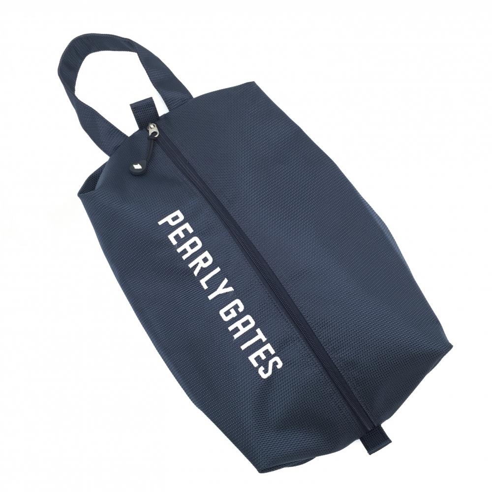 【美品】パーリーゲイツ シューズバッグ ネイビー ロゴ白 ニコちゃん スマイル ロゴ刺しゅう薄汚れゴルフ PEARLY GATES