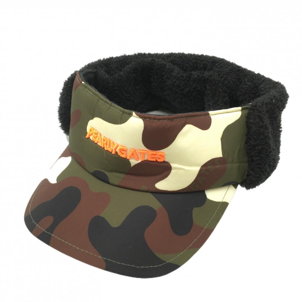 【超美品】パーリーゲイツ 耳当て付サンバイザー ダークグリーン×黒 迷彩×ボア カモフラ FR  ゴルフウェア PEARLY GATES
