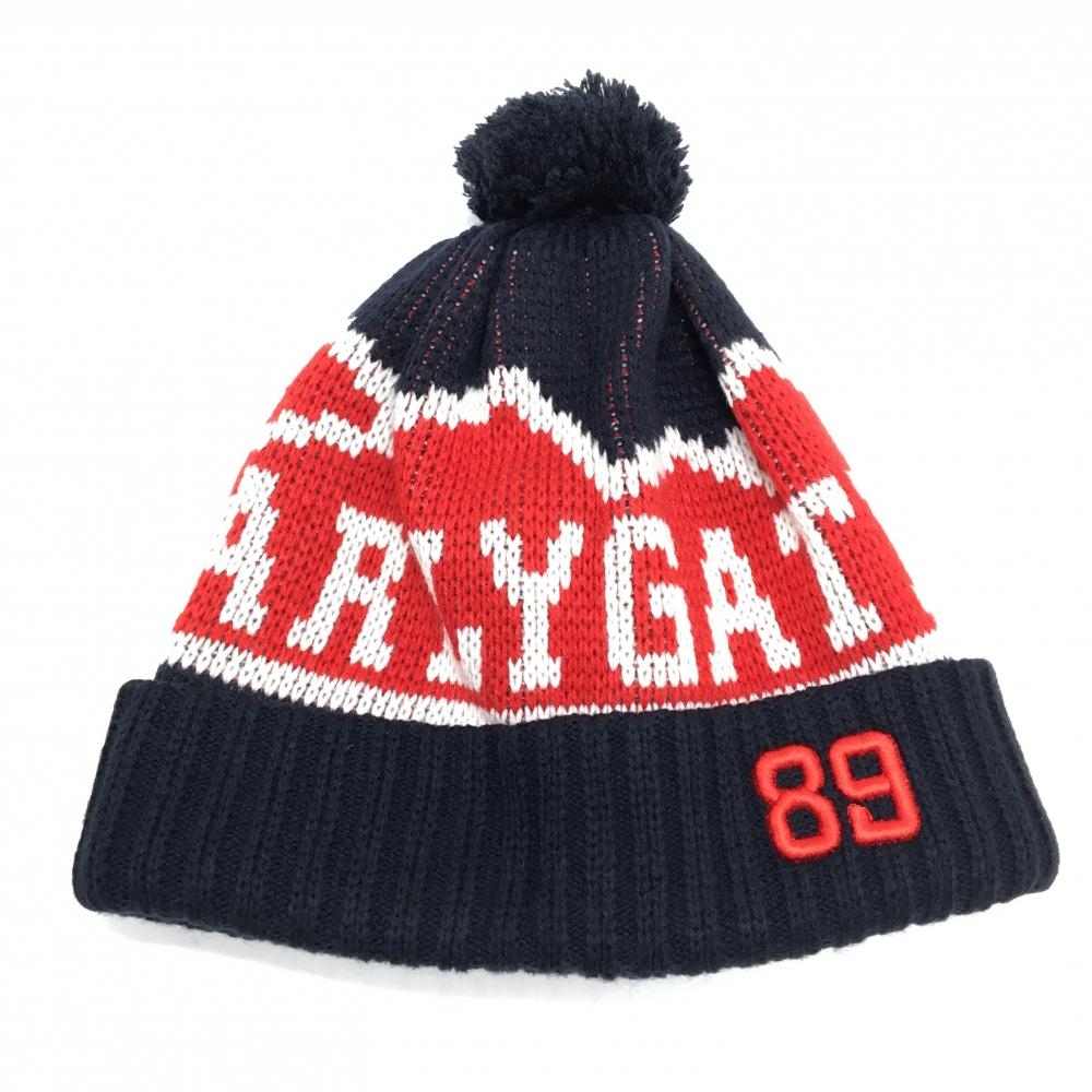 【超美品】パーリーゲイツ ニット帽 ネイビー×レッド ウール混 ボンボン付 FR  ゴルフウェア PEARLY GATES