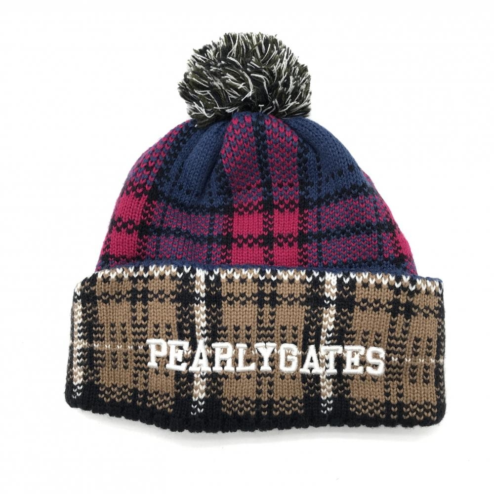 【超美品】パーリーゲイツ ニット帽 ライトブラウン×ピンク チェック ウール混 ボンボン付 FR  ゴルフウェア 2023年モデル PEARLY GATES