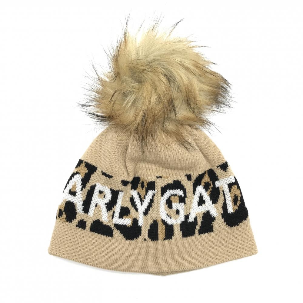 【超美品】パーリーゲイツ ニット帽 ベージュ×白 ボンボン付 ロゴ  FR  ゴルフウェア PEARLY GATES