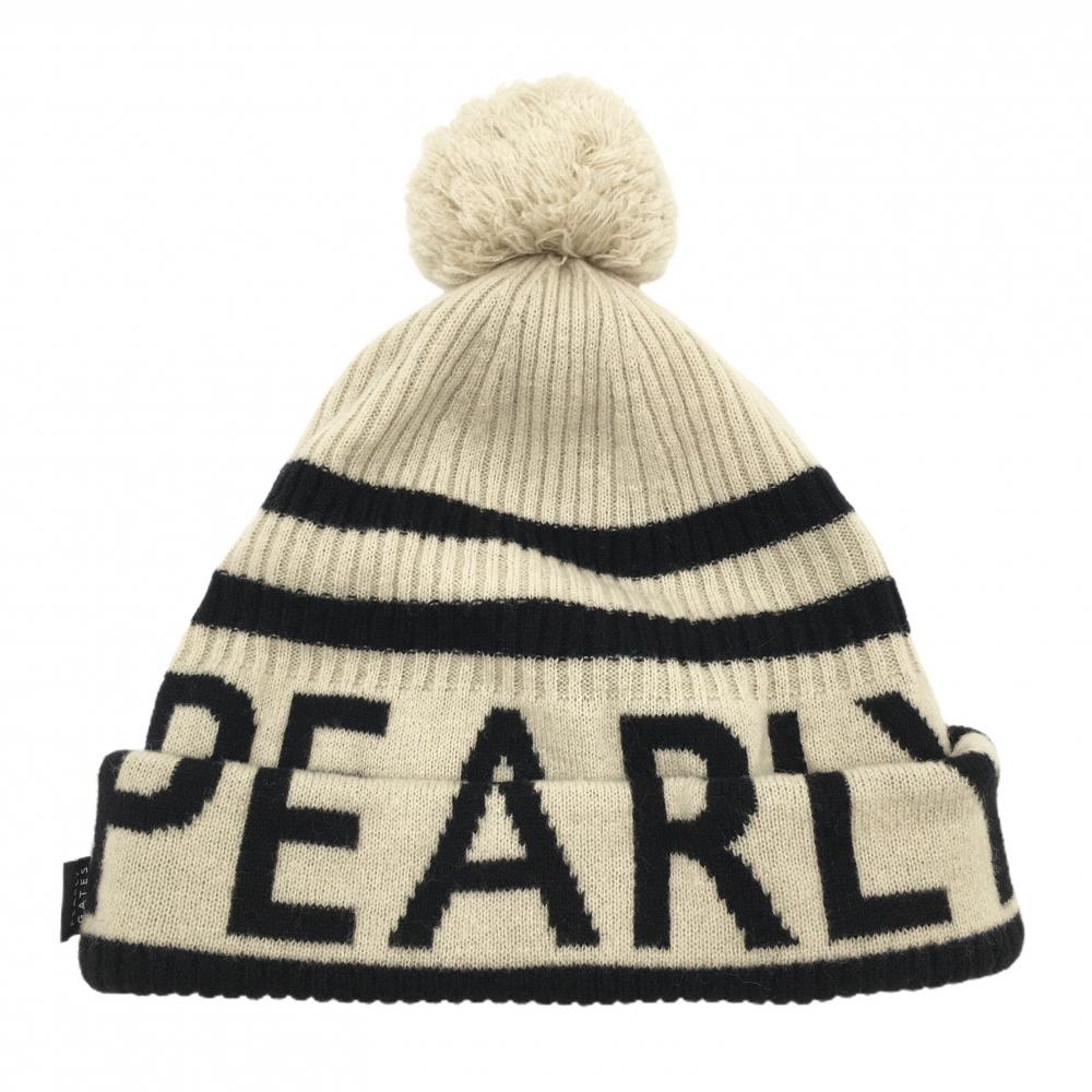 【超美品】パーリーゲイツ ニット帽 ベージュ×黒 ロゴ ライン ボンボン付 FR  ゴルフウェア PEARLY GATES