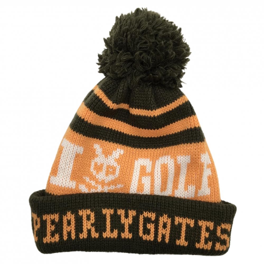 【超美品】パーリーゲイツ ニット帽 カーキ×オレンジ ボーダー ボンボン付き ウール混 FR  ゴルフウェア PEARLY GATES