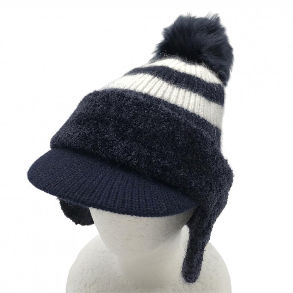 【超美品】パーリーゲイツ 3WAYつば付きニット帽 ネイビー×白 ボンボン付 イヤーマフ付 FR  ゴルフウェア 2024年モデル PEARLY GATES