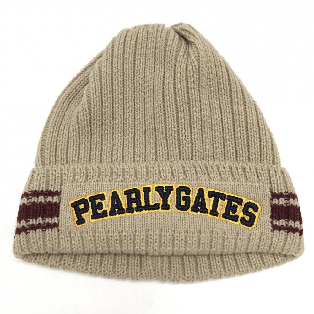 【超美品】パーリーゲイツ ニット帽 ベージュ×ボルドー 立体ロゴ刺しゅう  FR  ゴルフウェア 2024年モデル PEARLY GATES