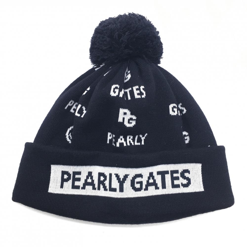 【超美品】パーリーゲイツ ニット帽 ネイビー×白 ニコちゃん総柄 スマイル ロゴ総柄 裏起毛 FR  ゴルフウェア PEARLY GATES