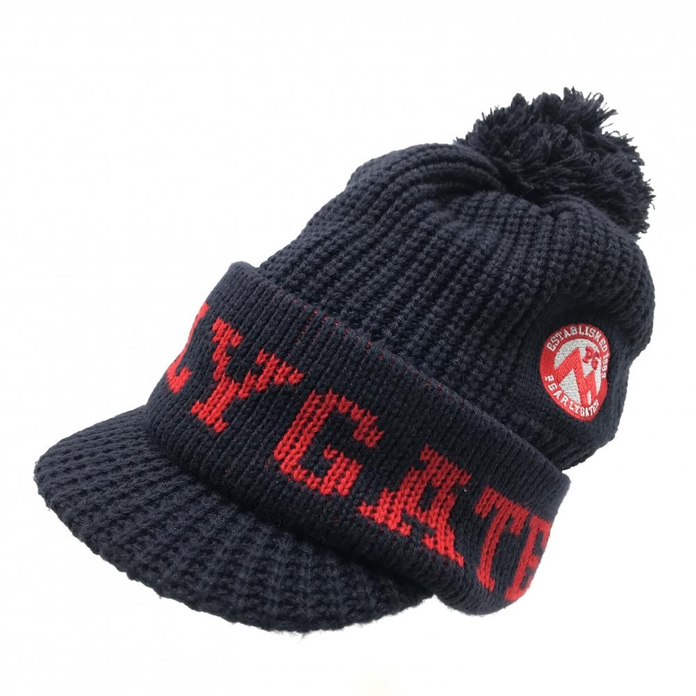 【美品】パーリーゲイツ つば付きニット帽 ネイビー×レッド ボンボン付き 裏フリース  FR  ゴルフウェア PEARLY GATES