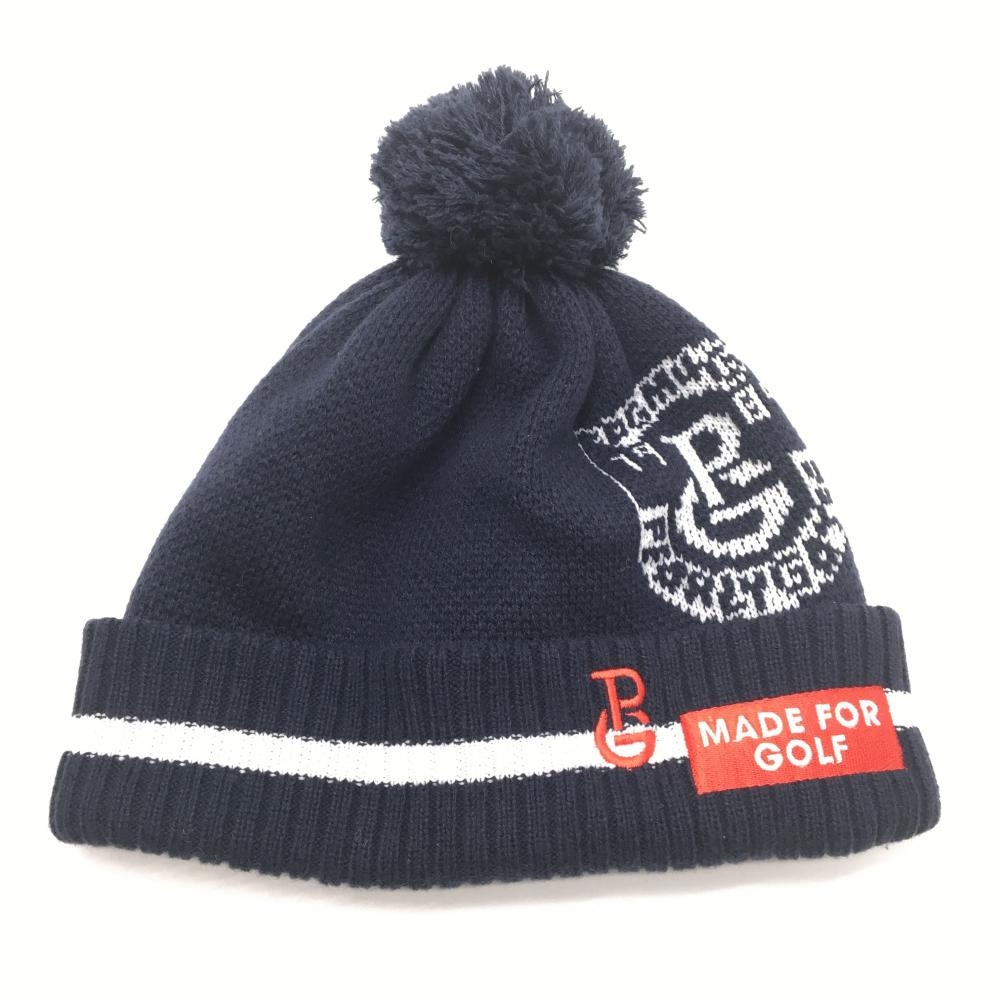 【美品】パーリーゲイツ ニット帽 ネイビー×白 ボンボン付 ウール混  FR  ゴルフウェア PEARLY GATES