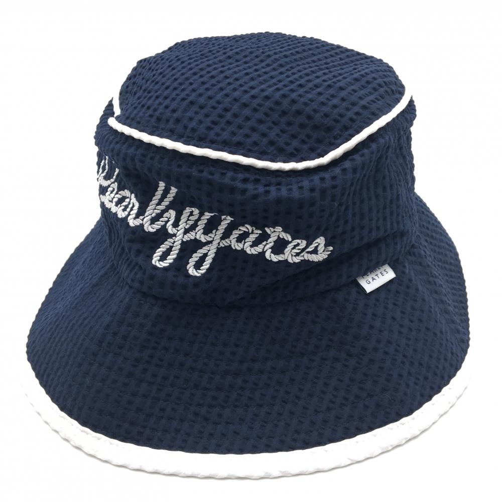 【超美品】パーリーゲイツ バケットハット ネイビー×白 織生地 ロゴ刺しゅう 凹凸 FR  ゴルフウェア 2023年モデル PEARLY GATES