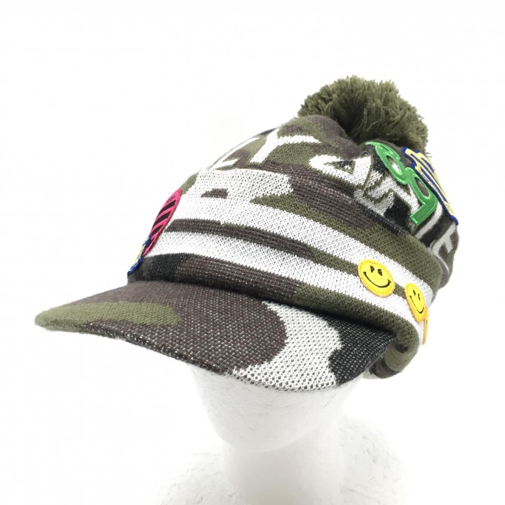 【超美品】パーリーゲイツ つば付ニット帽 カーキ×白 カモフラ柄 迷彩 ニコちゃん スマイル ポンポン付 FR  ゴルフウェア PEARLY GATES