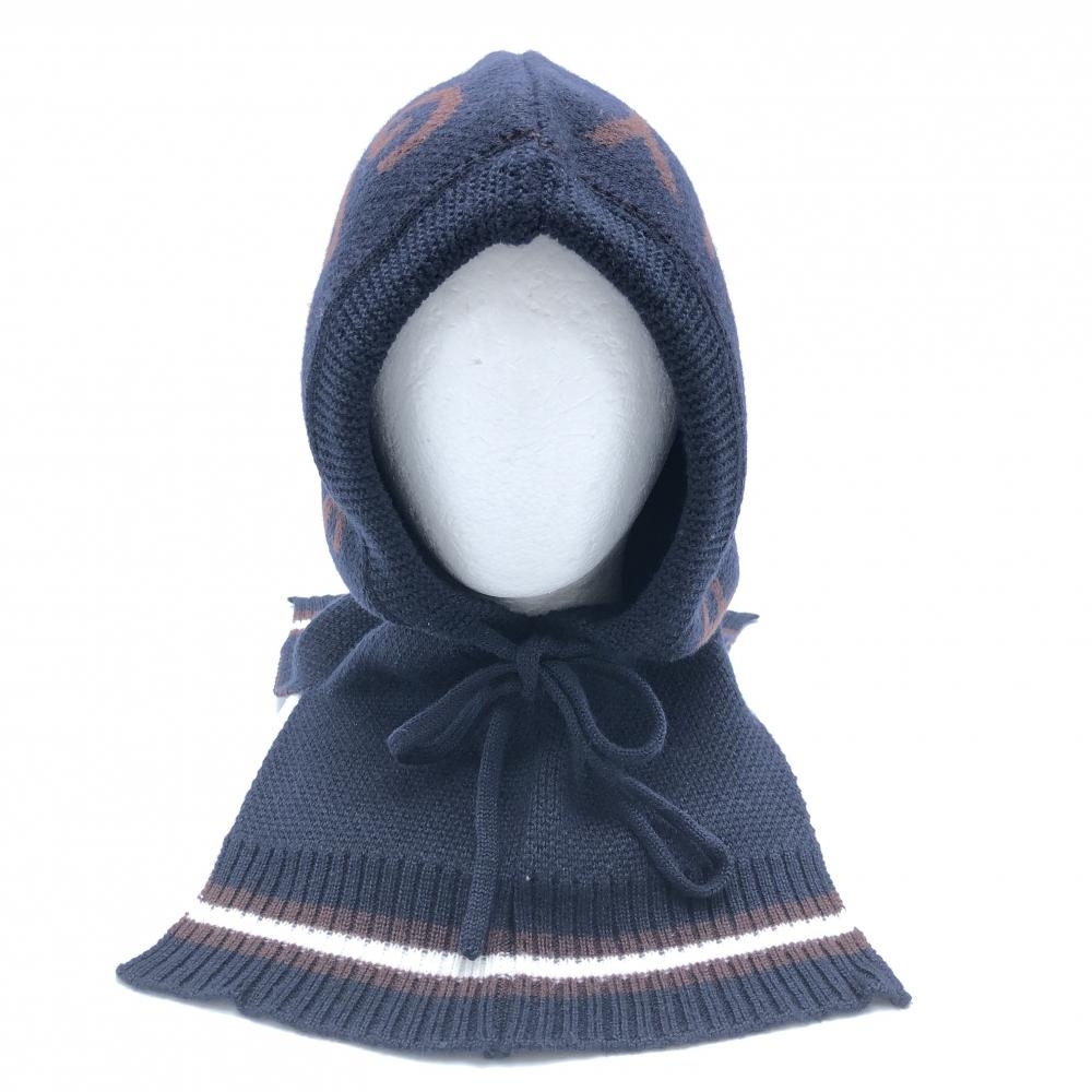 【超美品】パーリーゲイツ フード付ネックウォーマー ネイビー×ブラウン ウール混 FR  ゴルフウェア 2023年モデル PEARLY GATES