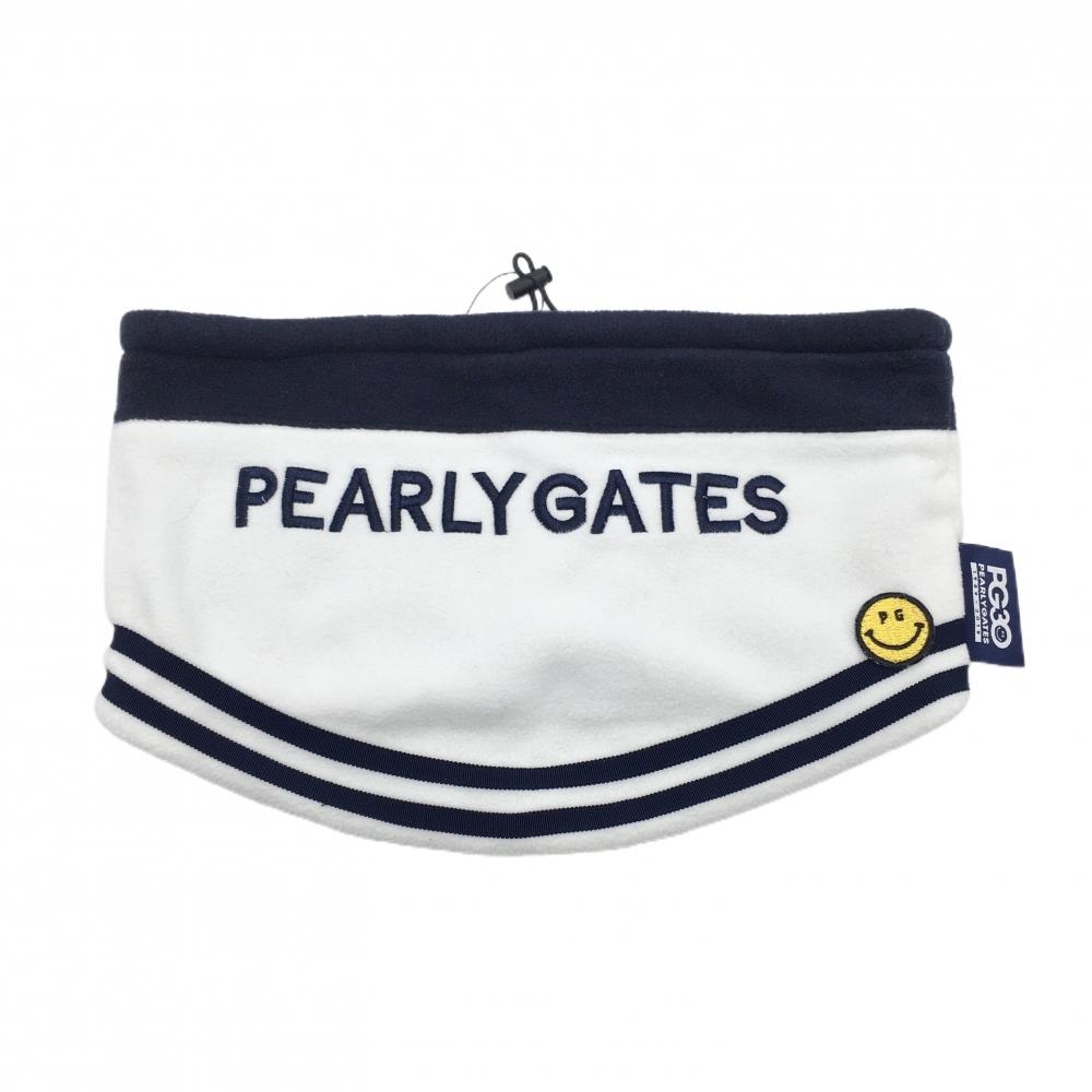 【超美品】パーリーゲイツ ネックウォーマー 白×ネイビー フリース ニコちゃん スマイル 30周年 FR  ゴルフウェア PEARLY GATES