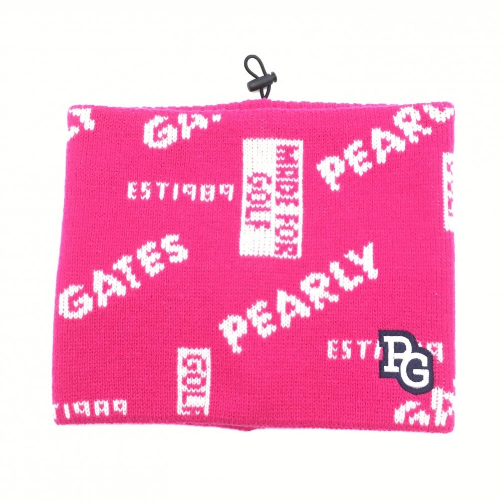 【超美品】パーリーゲイツ ニットネックウォーマー ダークピンク×白 ロゴ総柄 ドローコード   ゴルフウェア PEARLY GATES