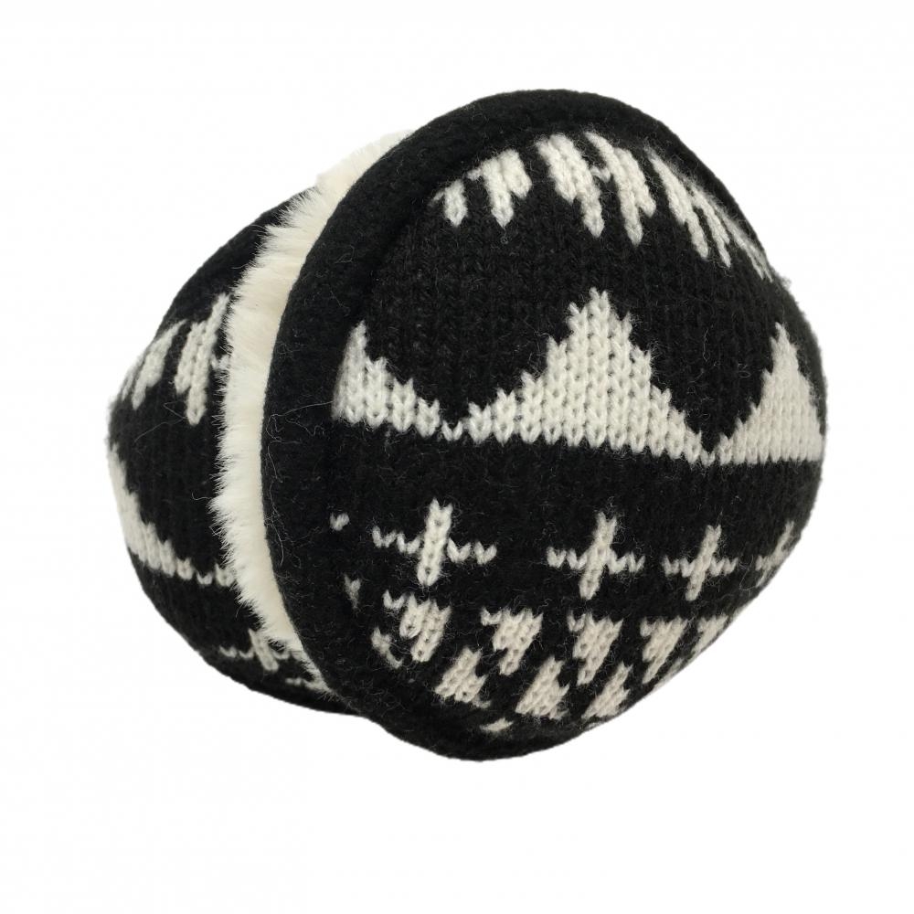 【美品】パーリーゲイツ イヤーマフ 黒×白 総柄 内側ファー 耳当てゴルフ PEARLY GATES