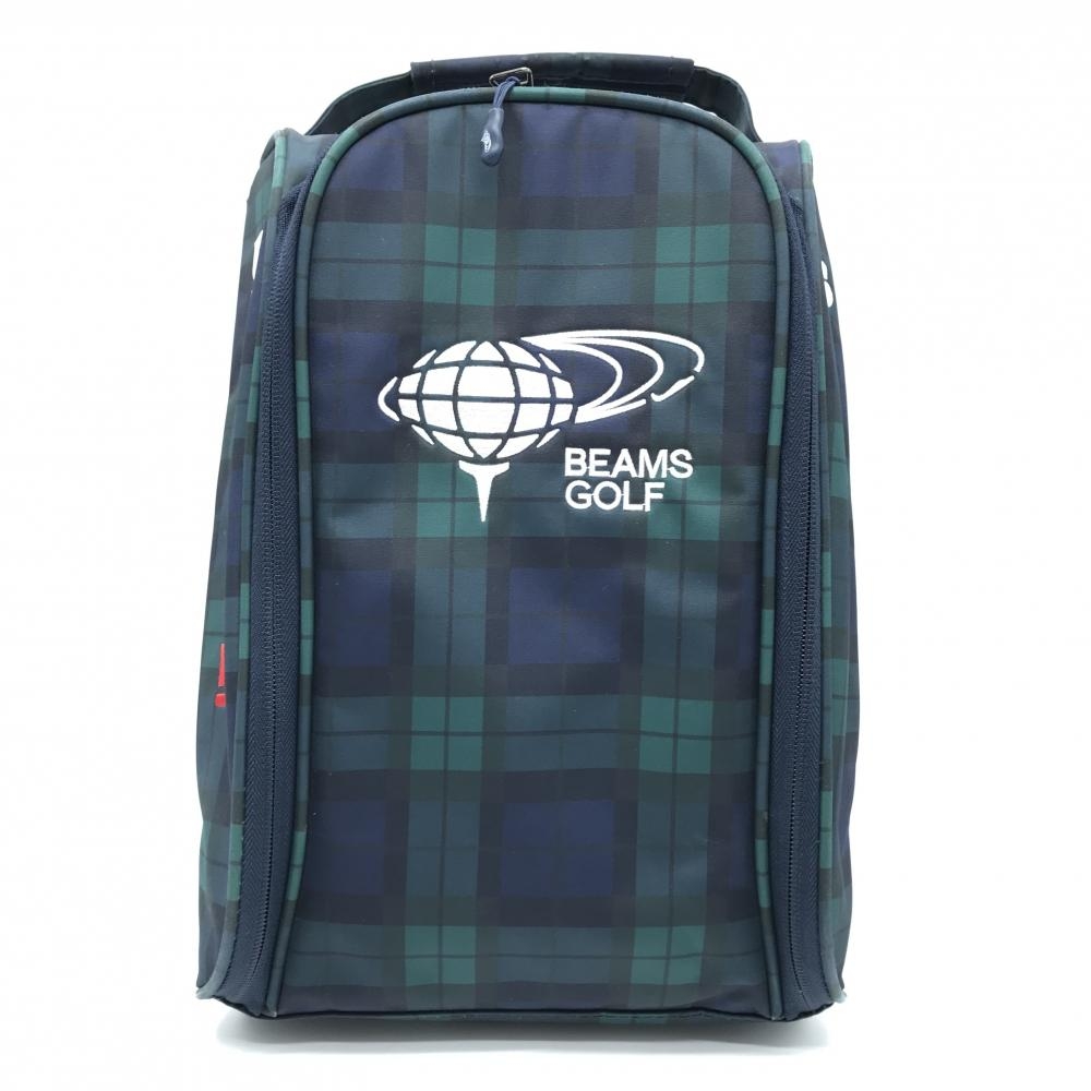 ビームスゴルフ シューズケース ネイビー×グリーン チェック ロゴ刺しゅう ゴルフ BEAMS GOLF