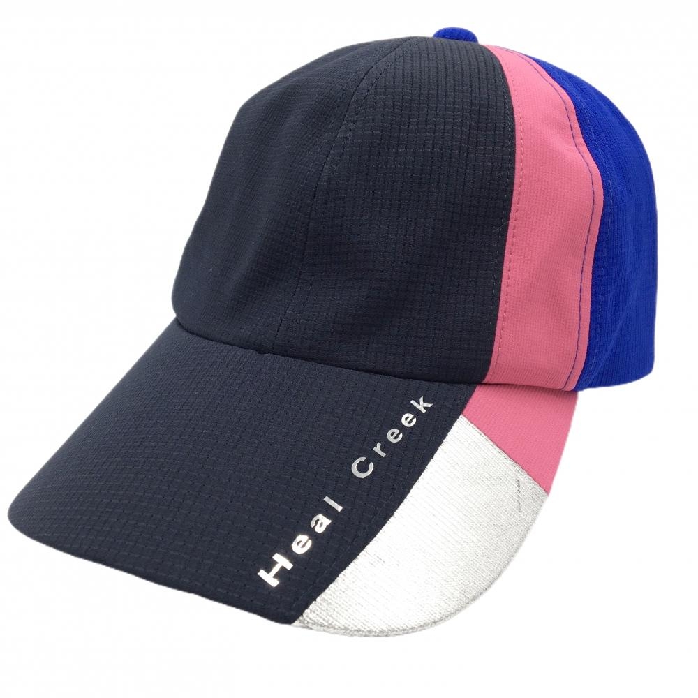 【美品】ヒールクリーク キャップ ネイビー×ブルー×ピンク つばロゴプリント  50  ゴルフウェア Heal Creek