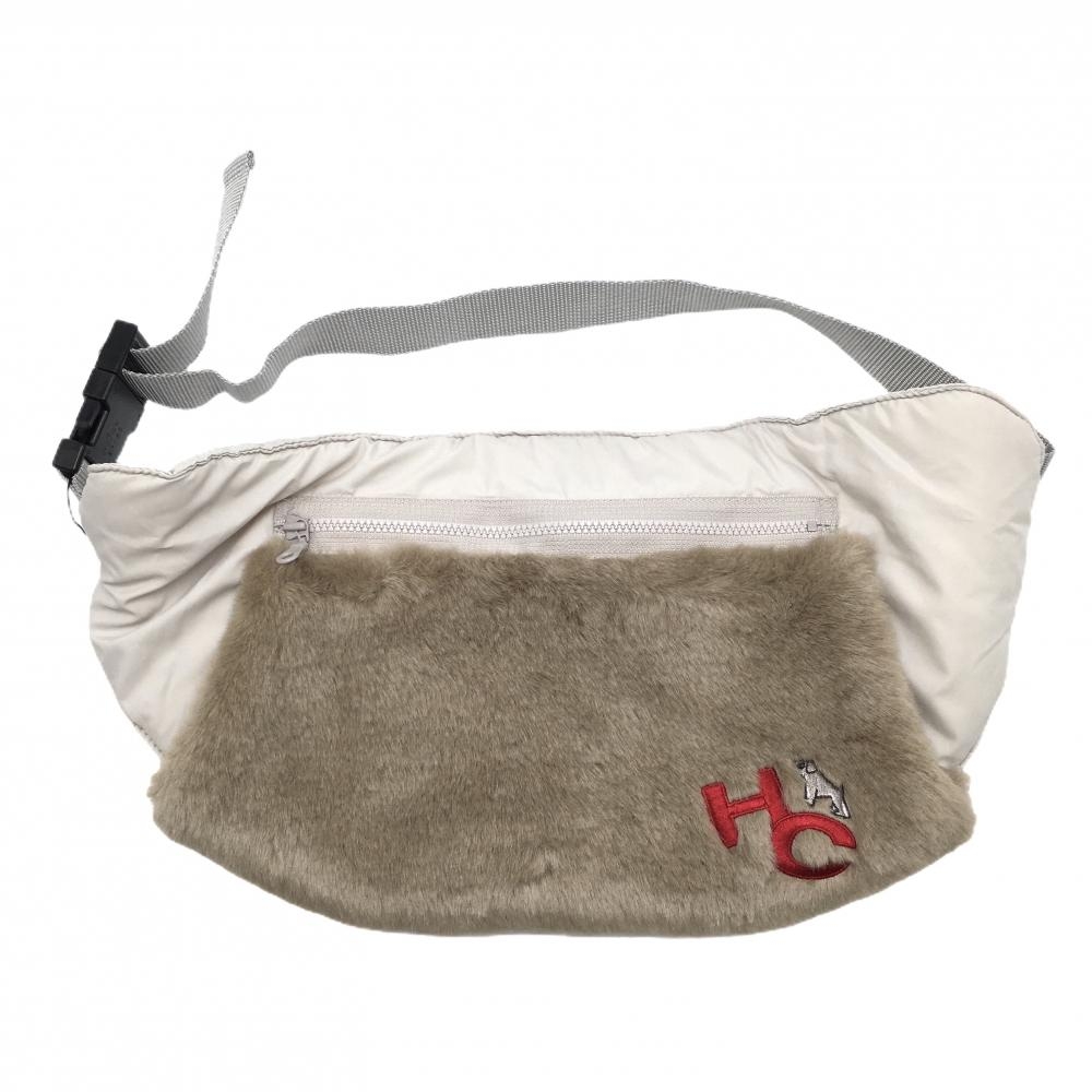 【新品】ヒールクリーク ハンドウォーマー ライトベージュ×ブラウン 一部フェイクファー ポケット付 00  ゴルフウェア Heal Creek