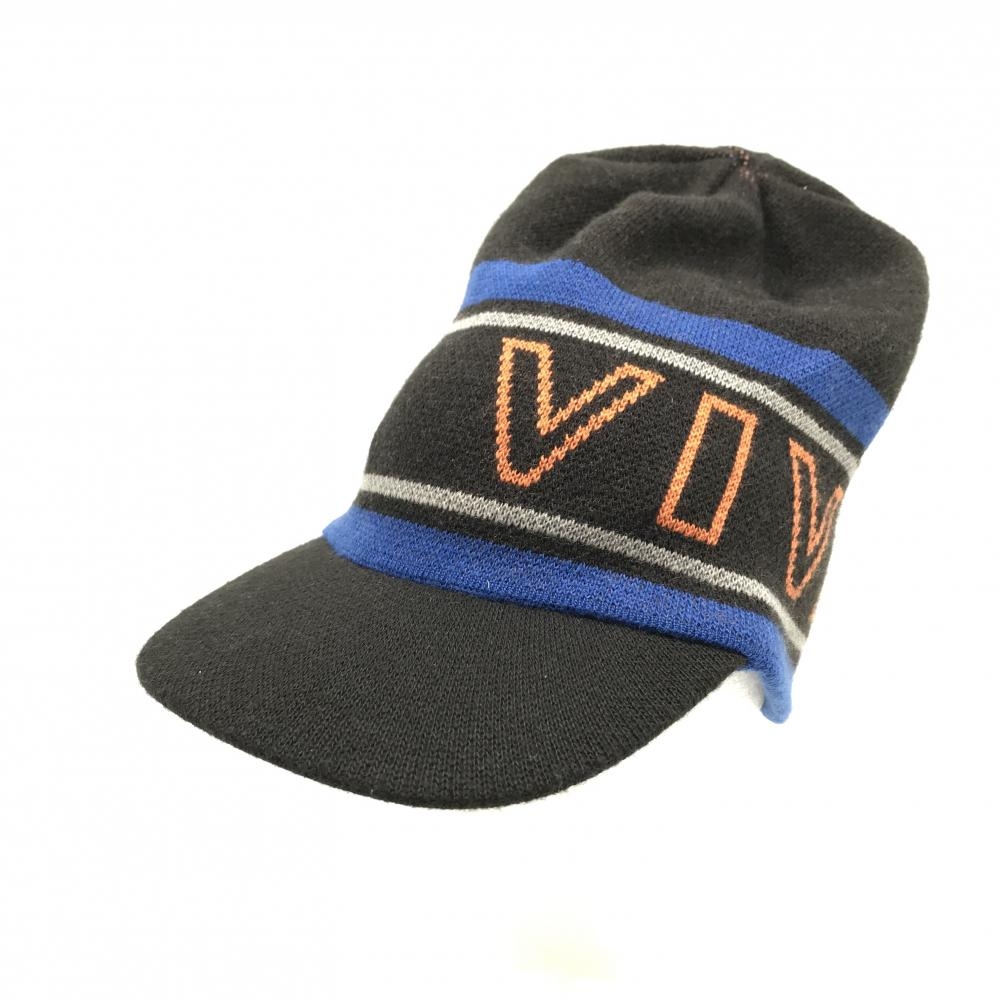 【美品】ビバハート つば付きニット帽 黒×ブルー ライン ロゴ  50  ゴルフウェア VIVA HEART