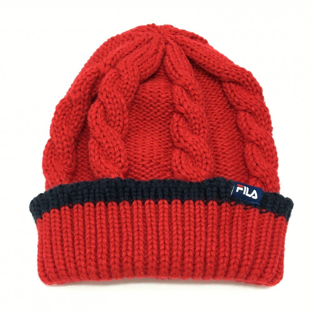 【超美品】フィラゴルフ ニット帽 レッド×ネイビー アクリル100％  ゴルフウェア FILA GOLF