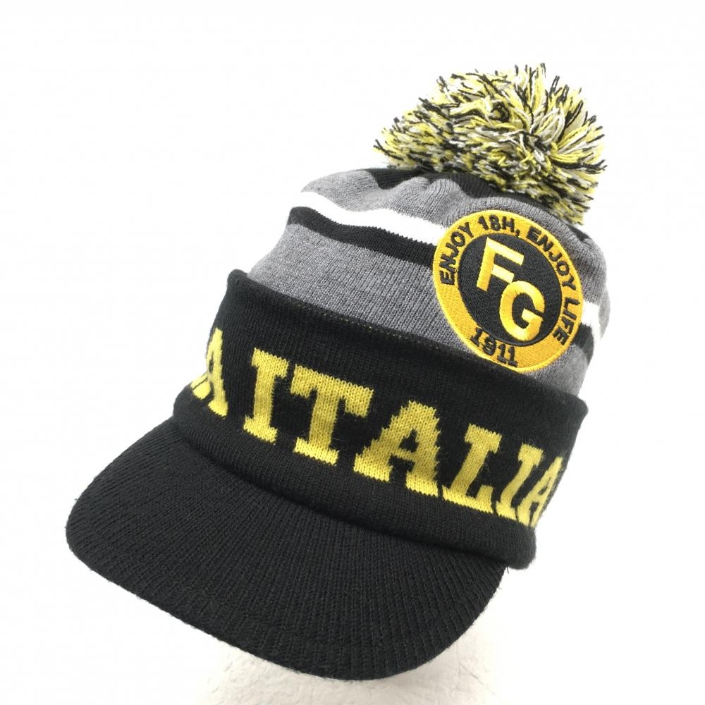 【美品】フィラゴルフ つば付きニット帽 黒×グレー×イエロー ポンポン付 ワッペン   ゴルフウェア FILA GOLF