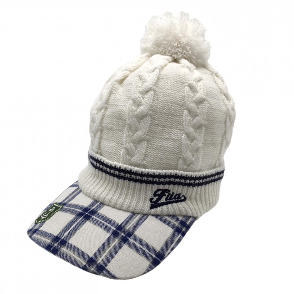 【超美品】フィラゴルフ つば付きニット帽 白×ネイビー ボンボン付き  ゴルフウェア FILA GOLF