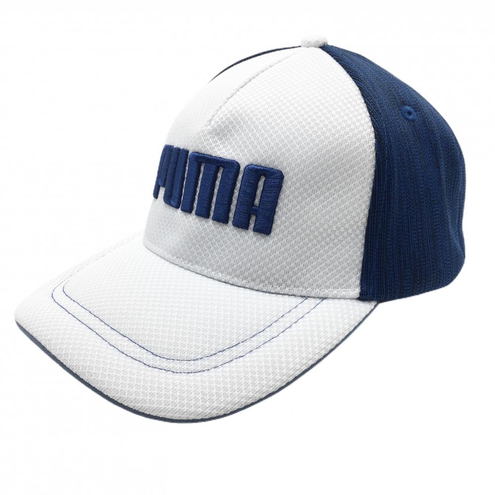 【美品】プーマ キャップ 白×ネイビー 立体ロゴ刺しゅう One Size Fits All(56～59cm)  ゴルフウェア PUMA
