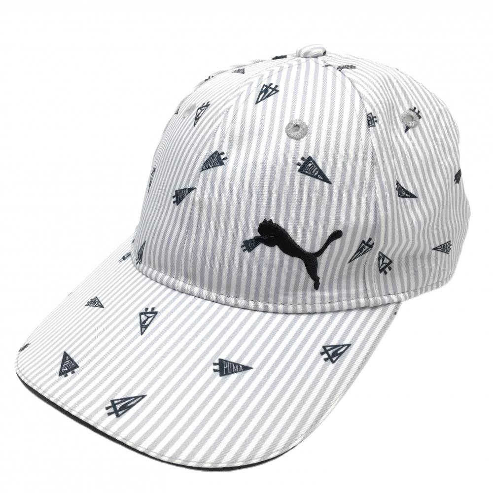 【超美品】プーマ キャップ グレー×白 ペナント柄 ストライプ ロゴ刺しゅう One Size Fits All(56-59cm）  ゴルフウェア PUMA