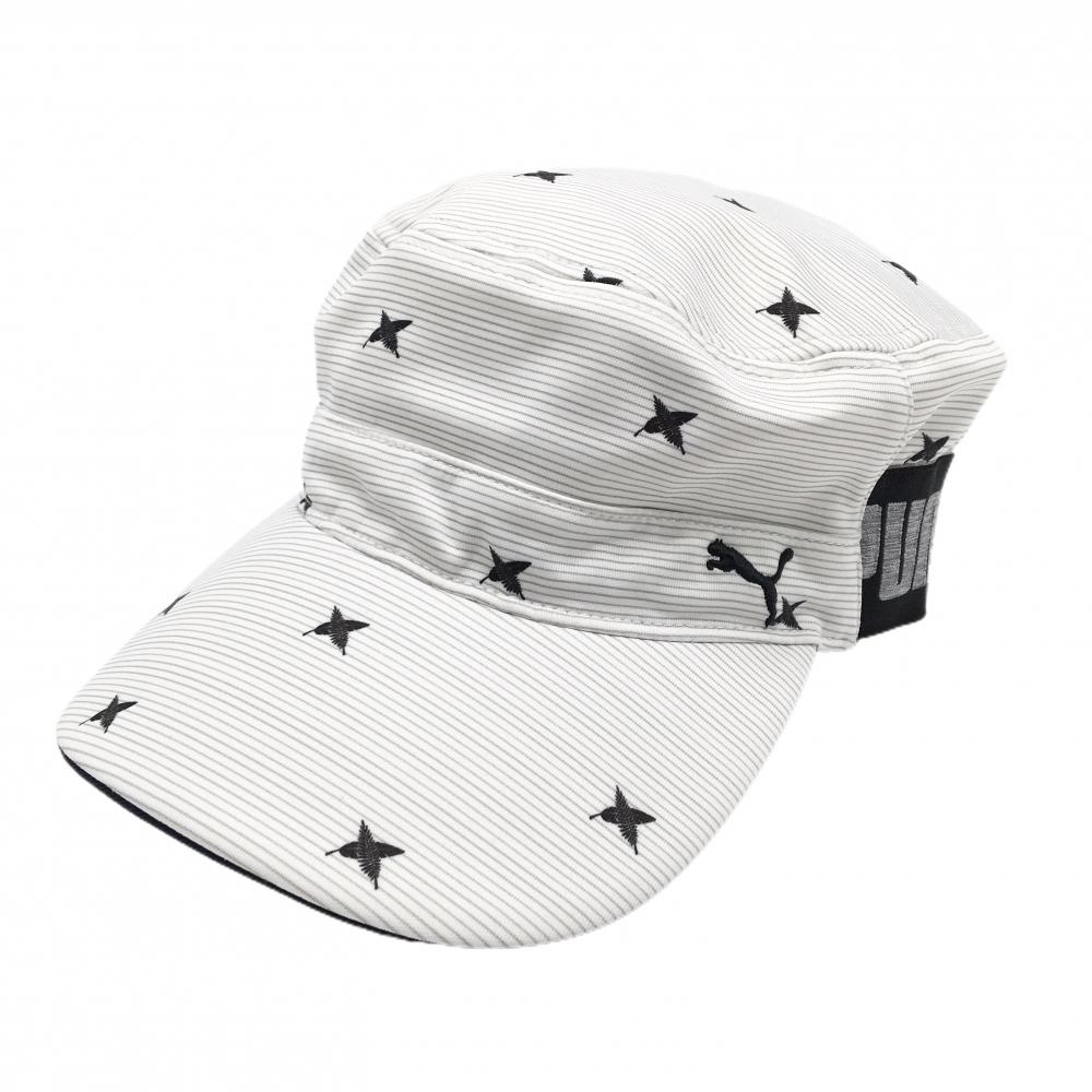 【美品】プーマ ワークキャップ 白×黒 羽総柄 ボーダー 後ろゴム One Size Fits All(56-59cm)  ゴルフウェア PUMA