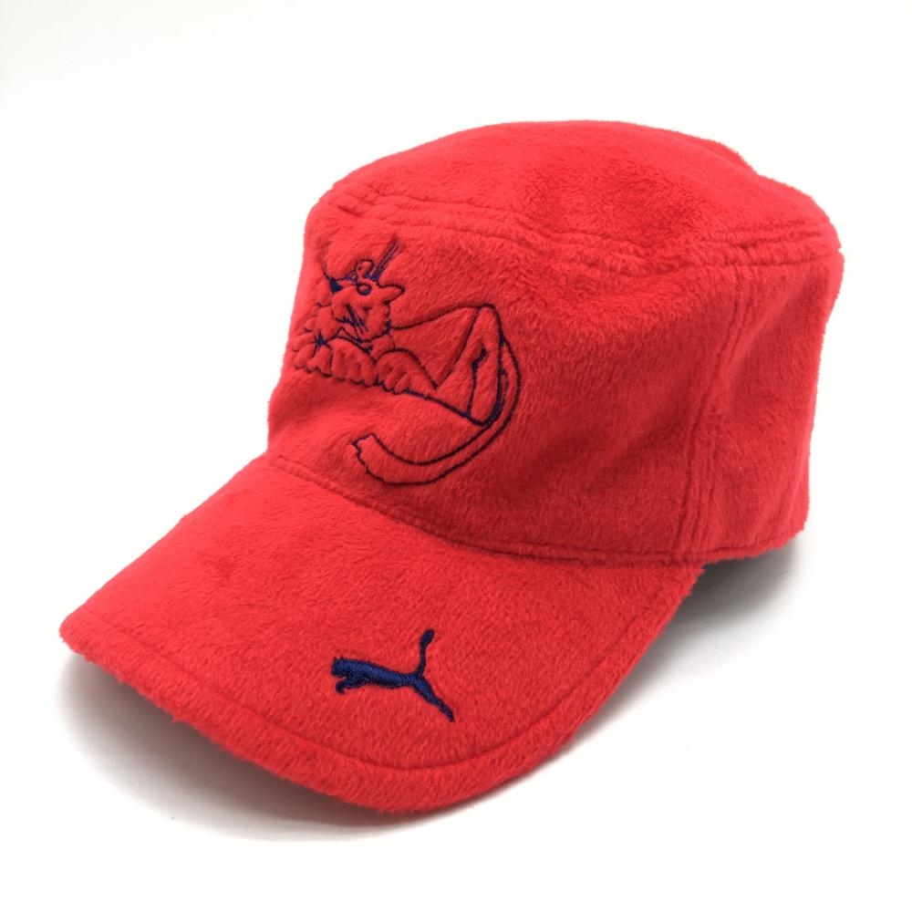 【超美品】プーマ ワークキャップ レッド×ネイビー 起毛 ロゴ刺しゅう One Size Fits All(54-57cm)  ゴルフウェア PUMA