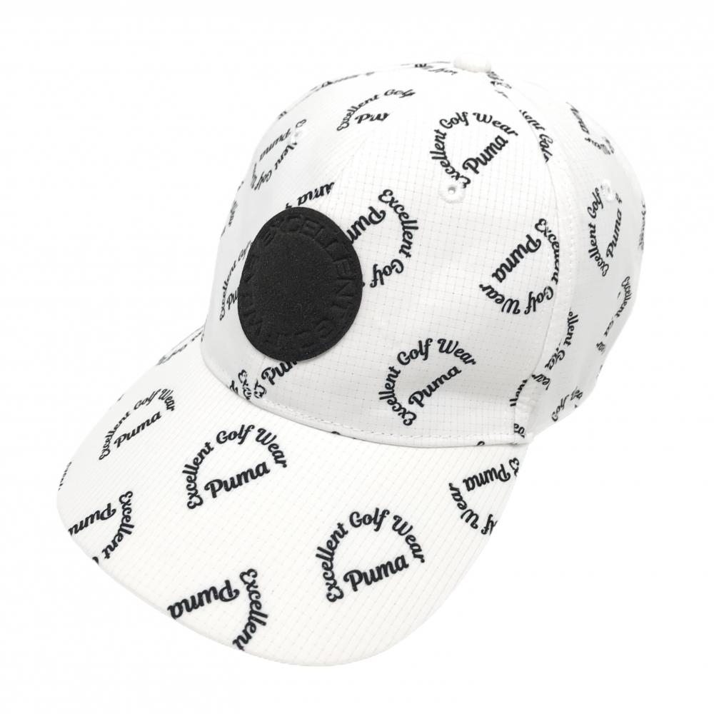 【超美品】プーマ キャップ 白×黒 ロゴ英字総柄 フロントワッペン OneSizeFitsAll(56～59cm)  ゴルフウェア PUMA