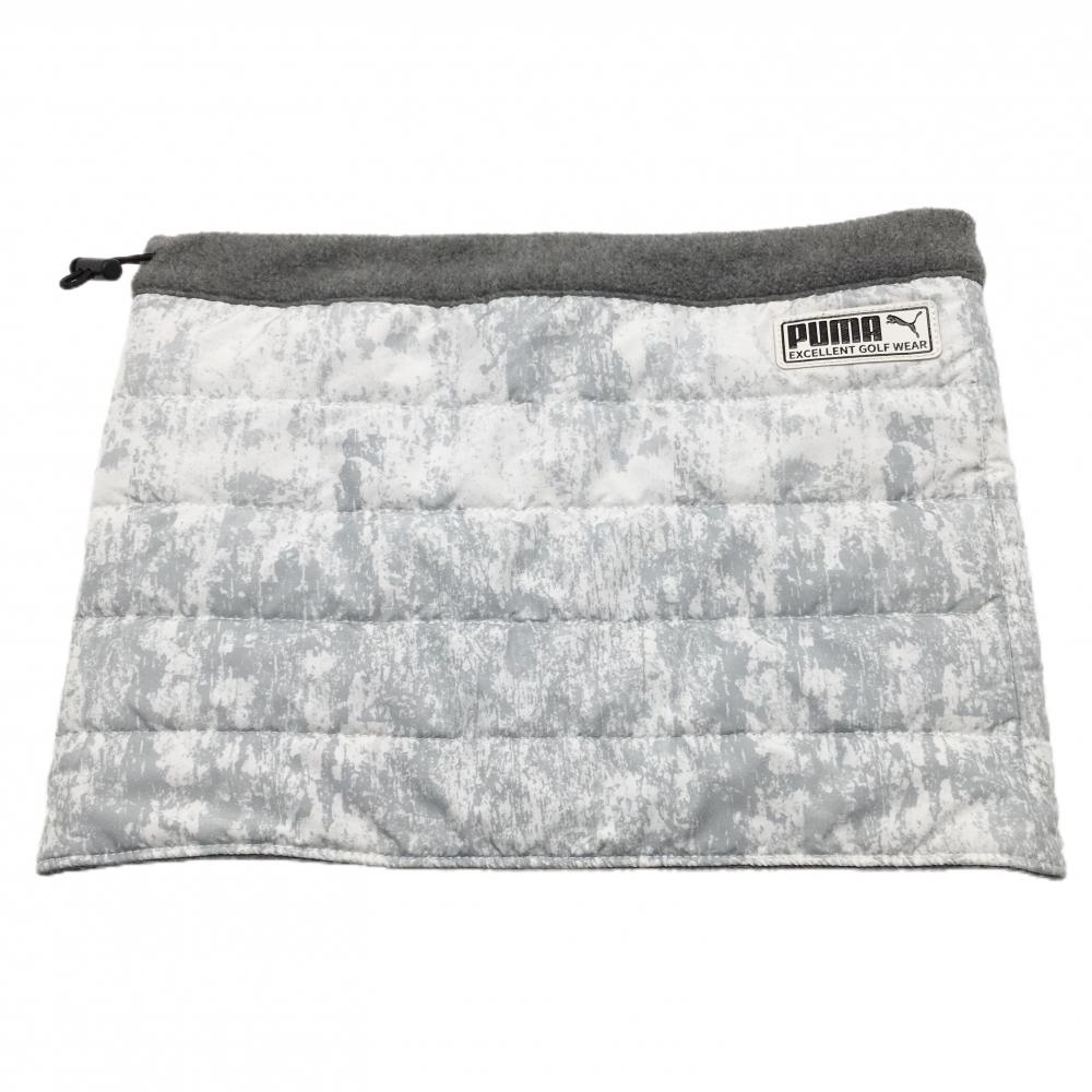 【美品】プーマ 中綿ネックウォーマー 白×ブルーグレー 総柄 ロゴワッペン 裏フリース ドローコード FREE(H23×W32cm)  ゴルフウェア PUMA