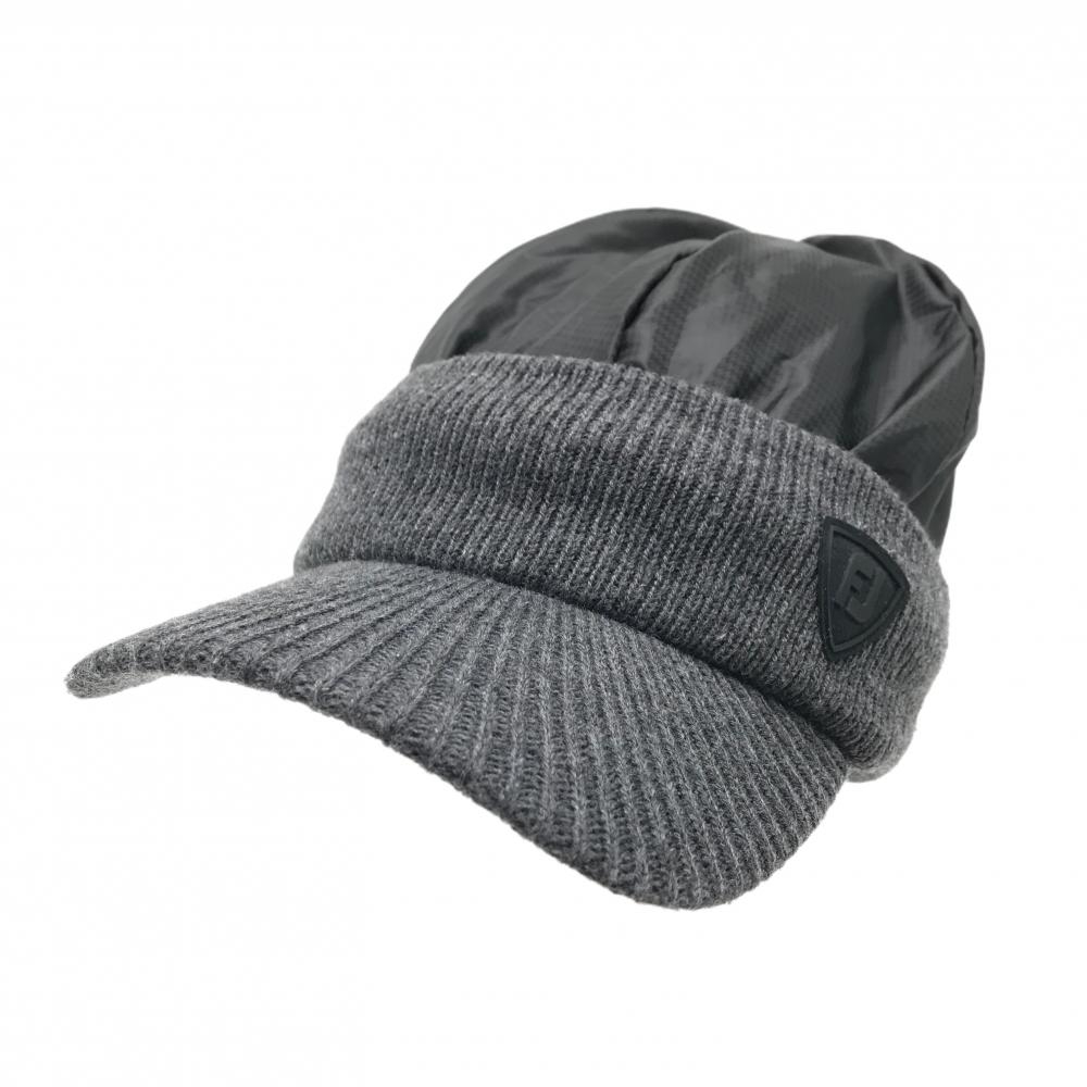 【美品】フットジョイ つば付き中綿ニット帽 杢ダークグレー×黒 一部千鳥格子地模様 ロゴ フリーサイズ(57-59cm)  ゴルフウェア FootJoy