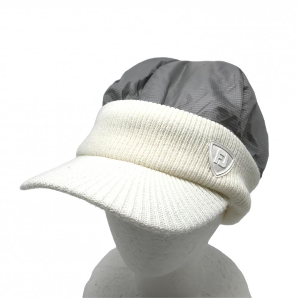 【美品】フットジョイ つば付き中綿ニット帽 白×グレー 一部千鳥格子地模様  フリーサイズ(57-59cm)  ゴルフウェア FootJoy