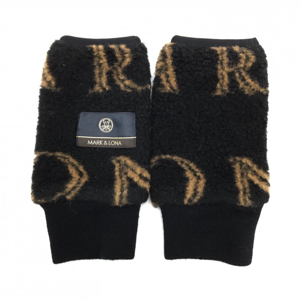 【美品】マークアンドロナ ハンドウォーマー 黒×ブラウン 英字柄 ボア FREE  ゴルフウェア MARK＆LONA