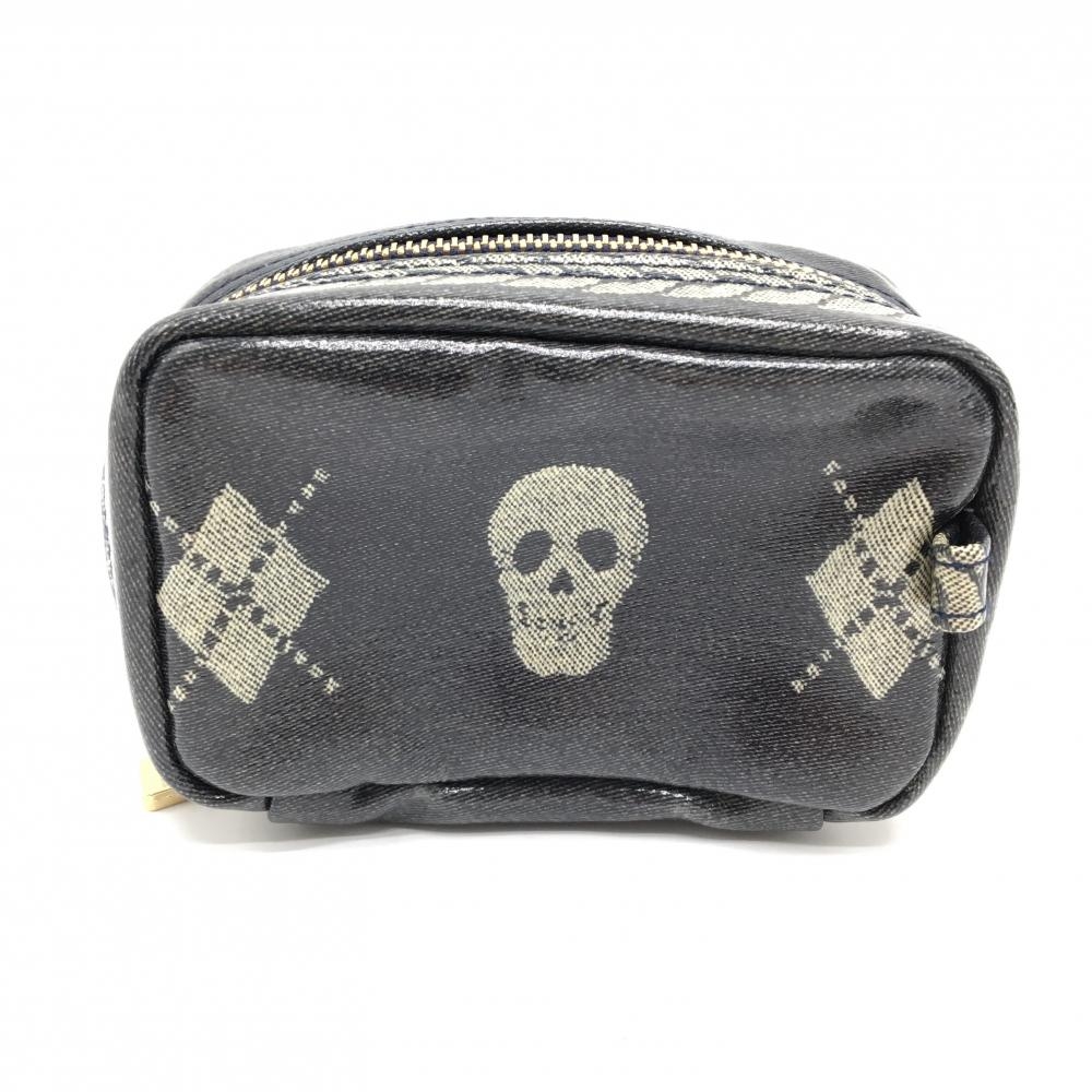 【超美品】マークアンドロナ ポーチ 黒×グレー スカル アーガイル 内ポケットゴルフ MARK＆LONA
