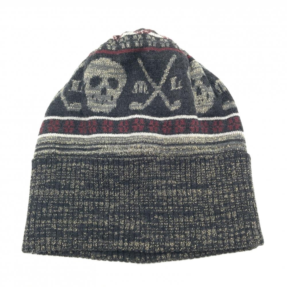 【美品】マークアンドロナ ニット帽 ダークグレー×ゴールド スカル  ゴルフウェア MARK＆LONA