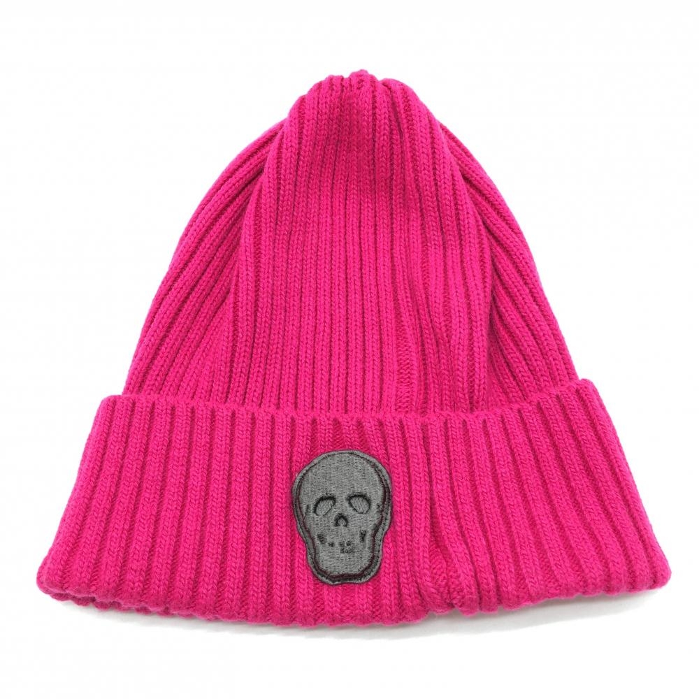【超美品】マークアンドロナ ニット帽 ダークピンク リブ編み 立体スカルワッペン  ゴルフウェア MARK＆LONA